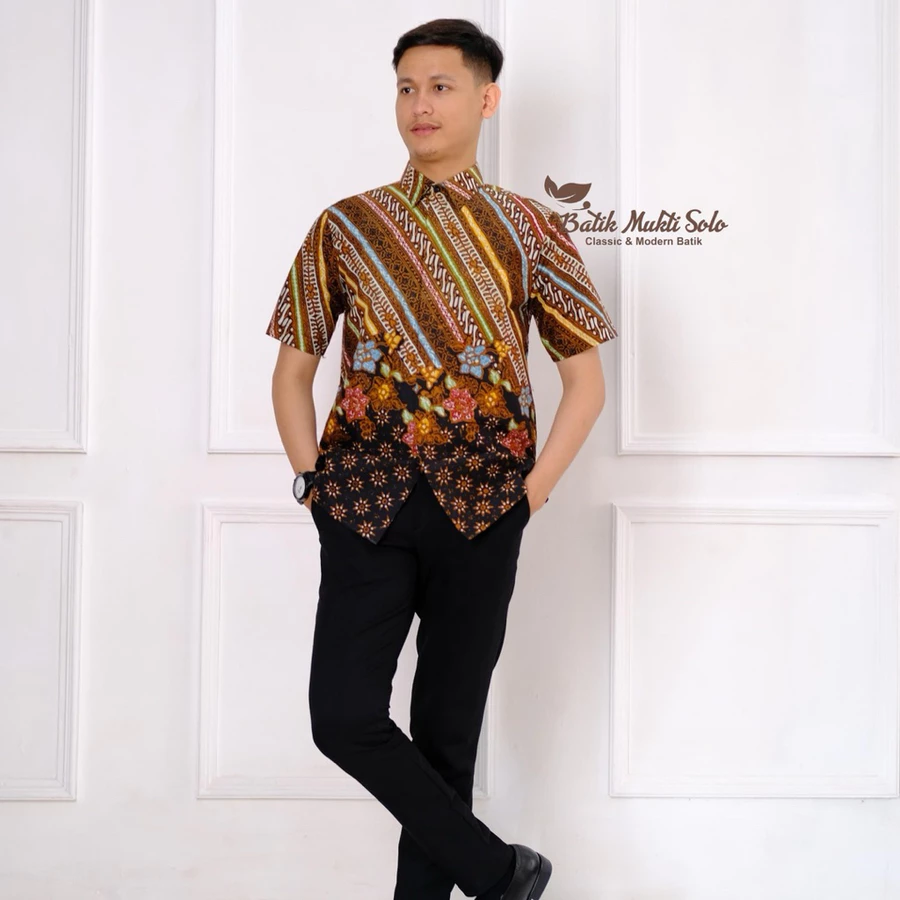 Kemeja Batik Pria Lengan Pendek Kombinasi Tulis S01 Katun Lapis Furing Elegan Mewah