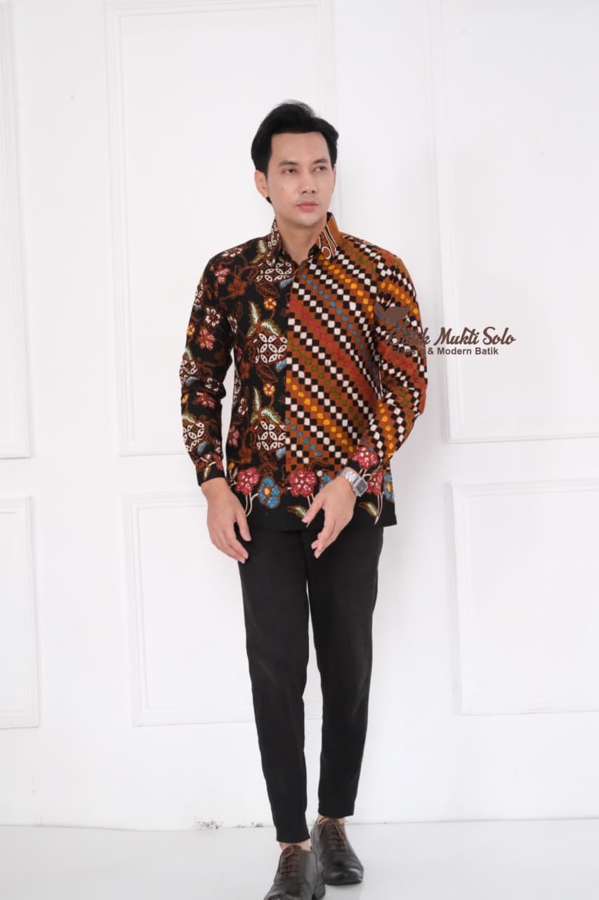 Kemeja Batik kombinasi tulis Pria Lengan Panjang Premium A002